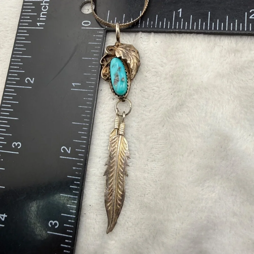Sterling Silver‎ Necklace Turquoise Feathers Signed FA 19